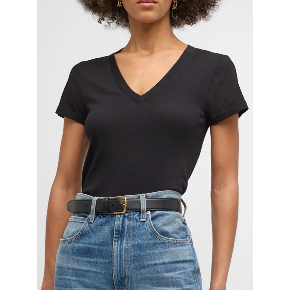 L'AGENCE Becca Cotton V Neck Tee Women's L Black‎ Fitted Made In USA NEW *flaw